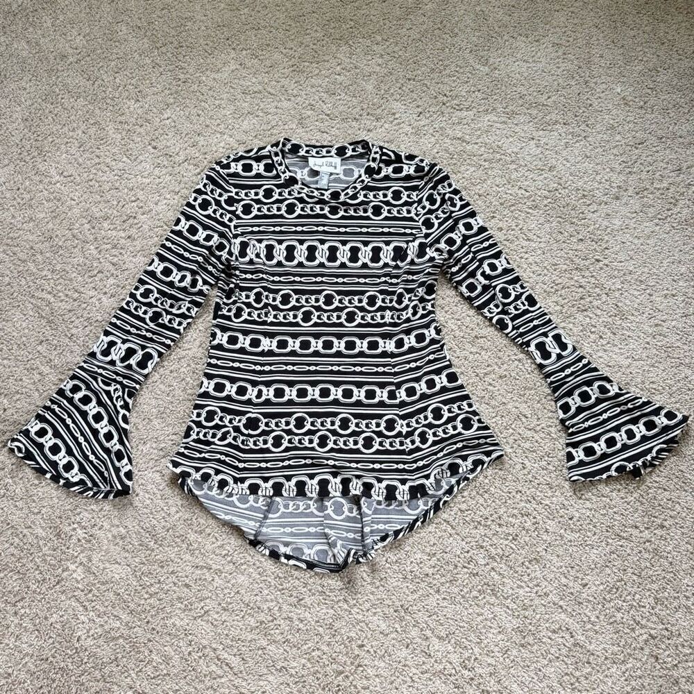Joseph Ribkoff Top Shirt Womens 10 Black White Bell Sleeve Hi Low Chain Print